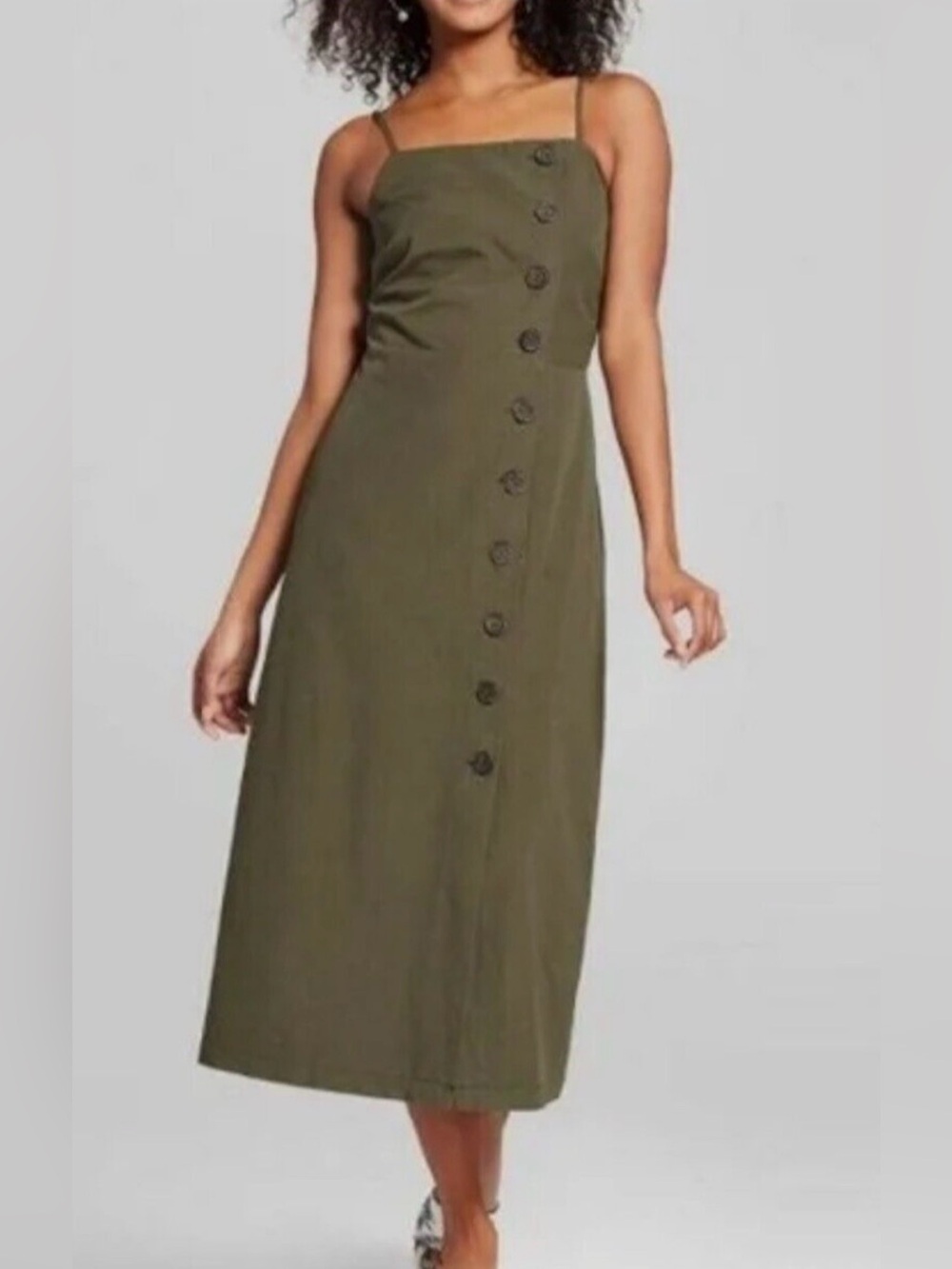 Who What Wear Olive Green Asymmetric Button-Front Midi Dress
